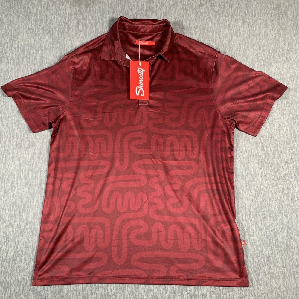 Shinesty Polo Shirt Mens Large Red Burgundy‎ Maze Print Stretch Golf Performance